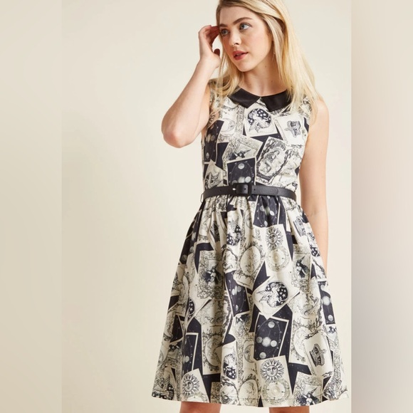 ModCloth Black Printed Whimsical Swing Sleeveless Goth Whimsigoth Dress Small - Picture 3 of 11